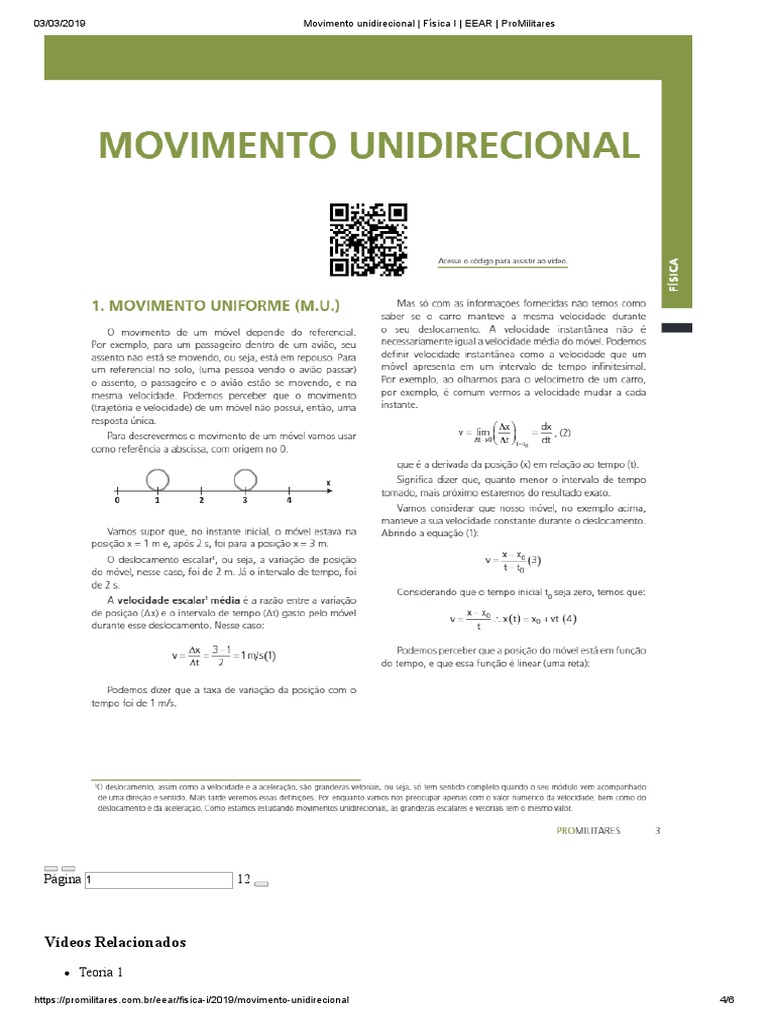 Movimento Unidirecional Física I | PDF