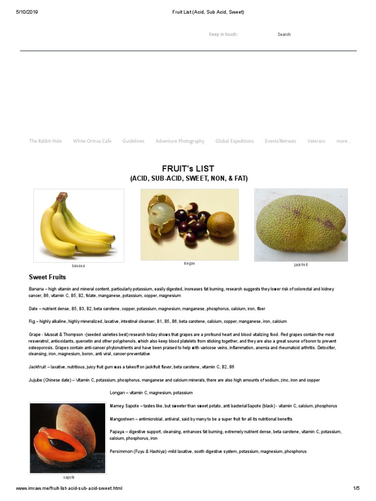 Fruit List (Acid, Sub Acid, Sweet) PDF Vitamin Vitamin C