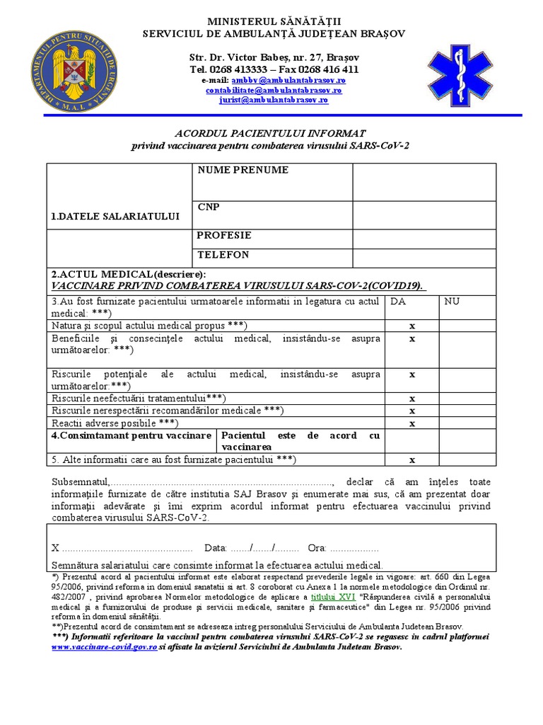 Acordul Pacientului Informat Vaccinare Covid | PDF