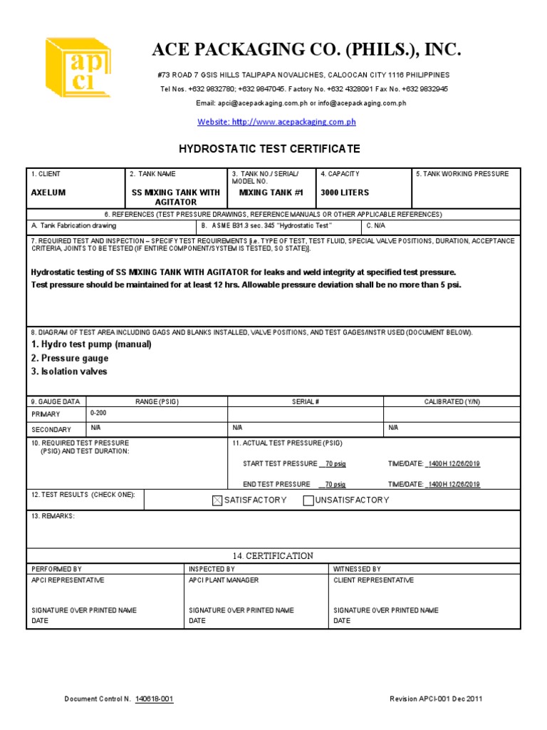 ACE Packaging hydrostatic test certificate | PDF | Pressure Measurement ...