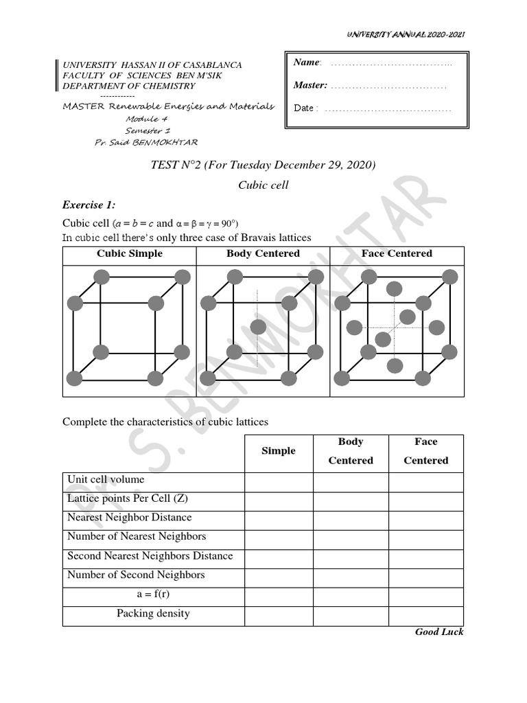 Cubic Cell Test for Chemistry Master’s Program | PDF