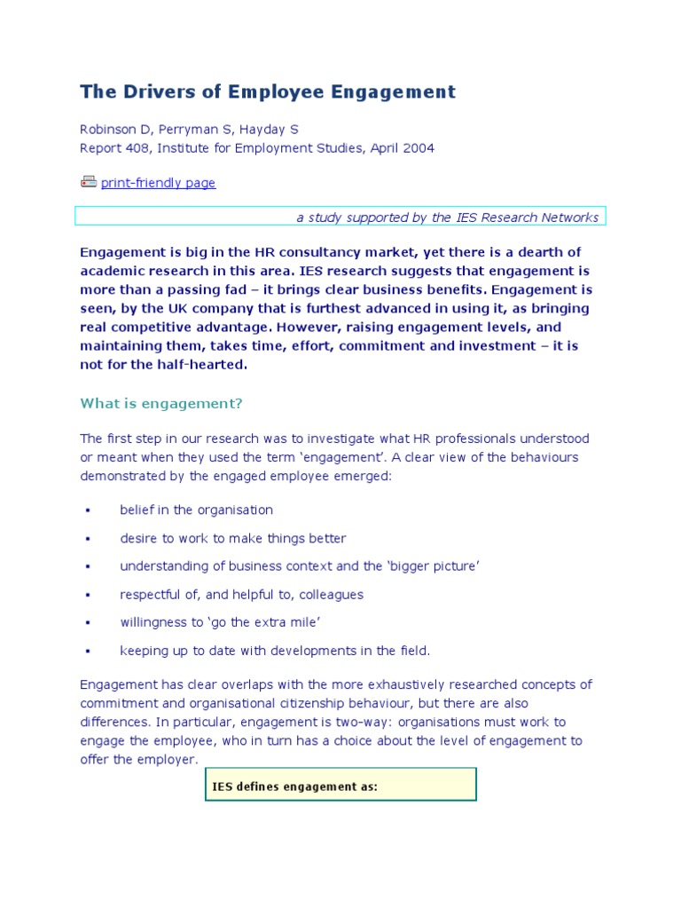 The Drivers of Employee Engagement | PDF | Employment | National Health ...