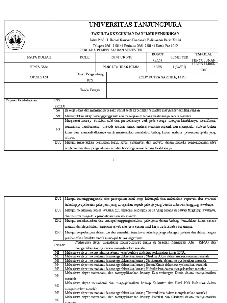 RPS Kimia Dasar untuk SMA | PDF