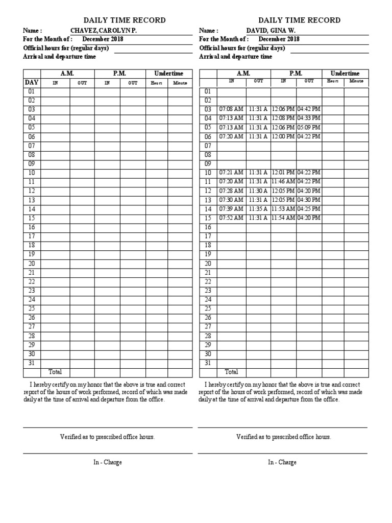 December 2018 Daily Time Record | PDF