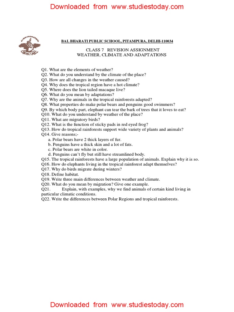 CBSE Class 7 Science - Weather Climate and Adaptations | PDF | Home ...