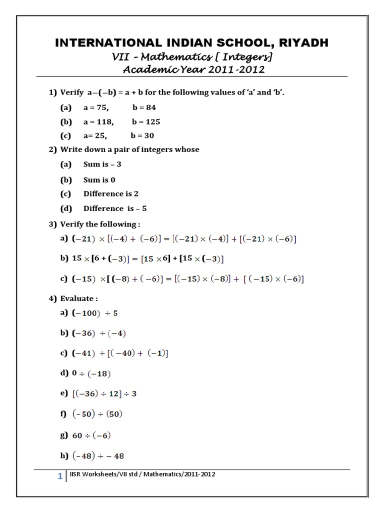 CBSE Class 7 Maths Worksheet - Integers | PDF | Teaching Mathematics ...