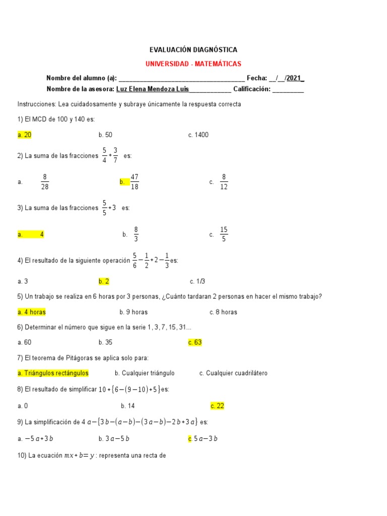 EVALUACIÓN DIAGNÓSTICA Universidad | PDF | Geometría | Enseñanza de ...