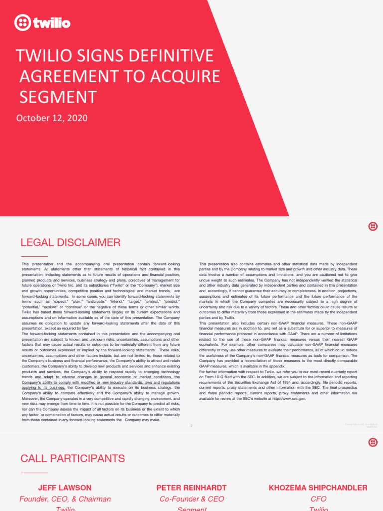 Twilio Signs Definitive Agreement To Acquire Segment: October 12, 2020 |  PDF | Risk | Business