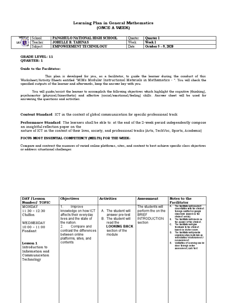 Learning Plan in General Mathematics (Once A Week) : School: Quarter ...