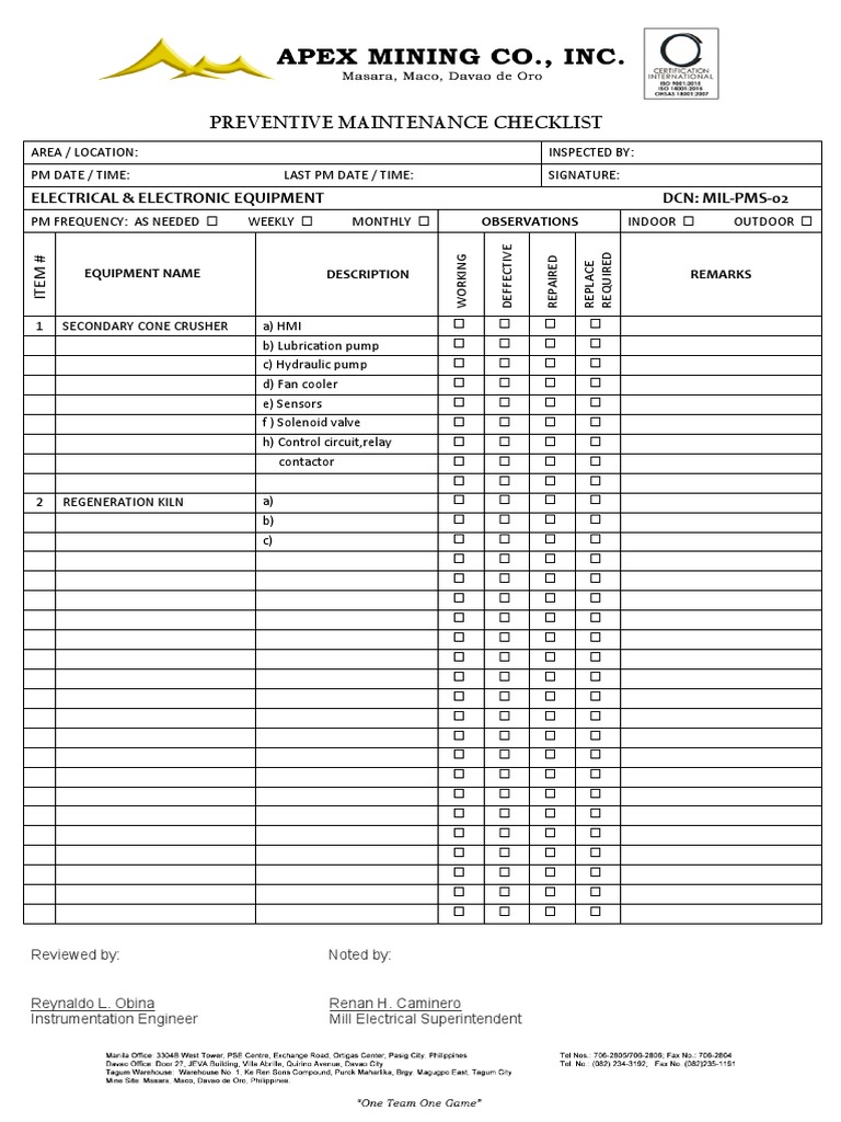 Electrical Maintenance Checklist | PDF | Tools | Electromagnetism
