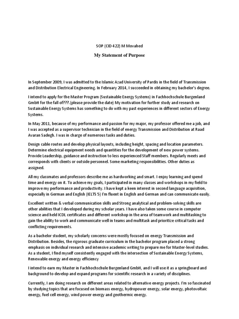 Sample of SOP | PDF | Bachelor&rsquo;s Degree | Sustainable Energy