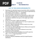 Class Ix Subject: Mathematics: Gist of The Lesson (Probability)