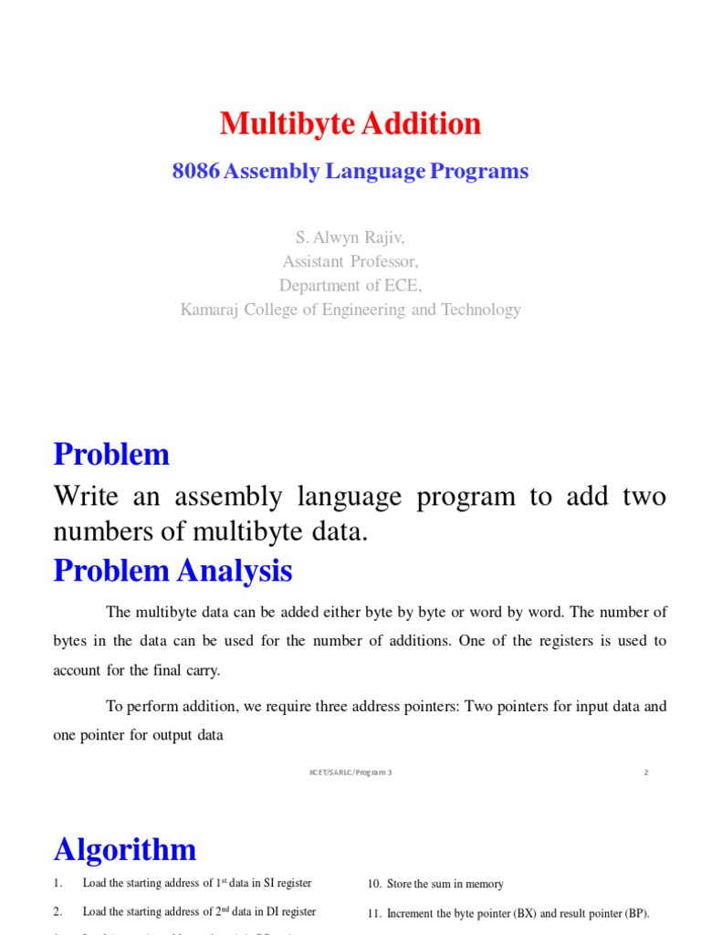 Multibyte Addition in 8086 Assembly | PDF | Pointer (Computer ...