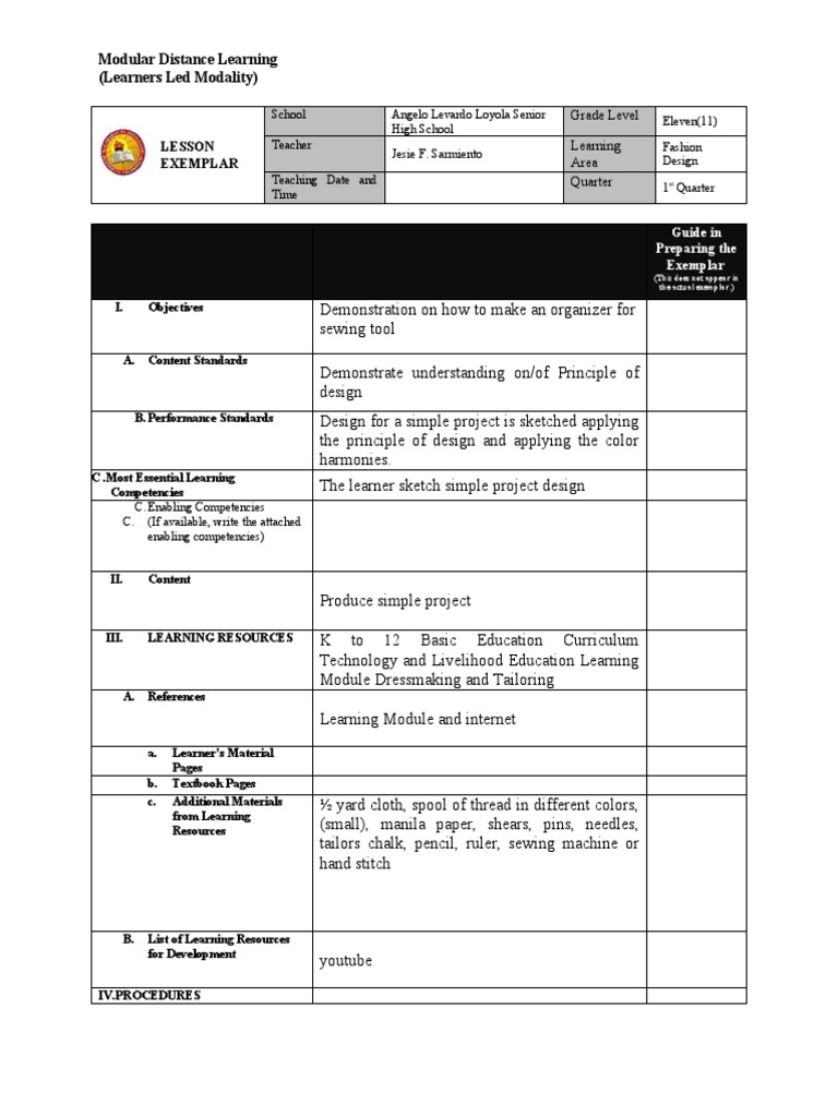 A Modular Distance Learning Exemplar on Designing and Creating a Sewing ...