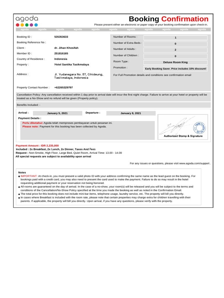 Agoda Booking Confirmation Details | PDF | Payments | Credit Card