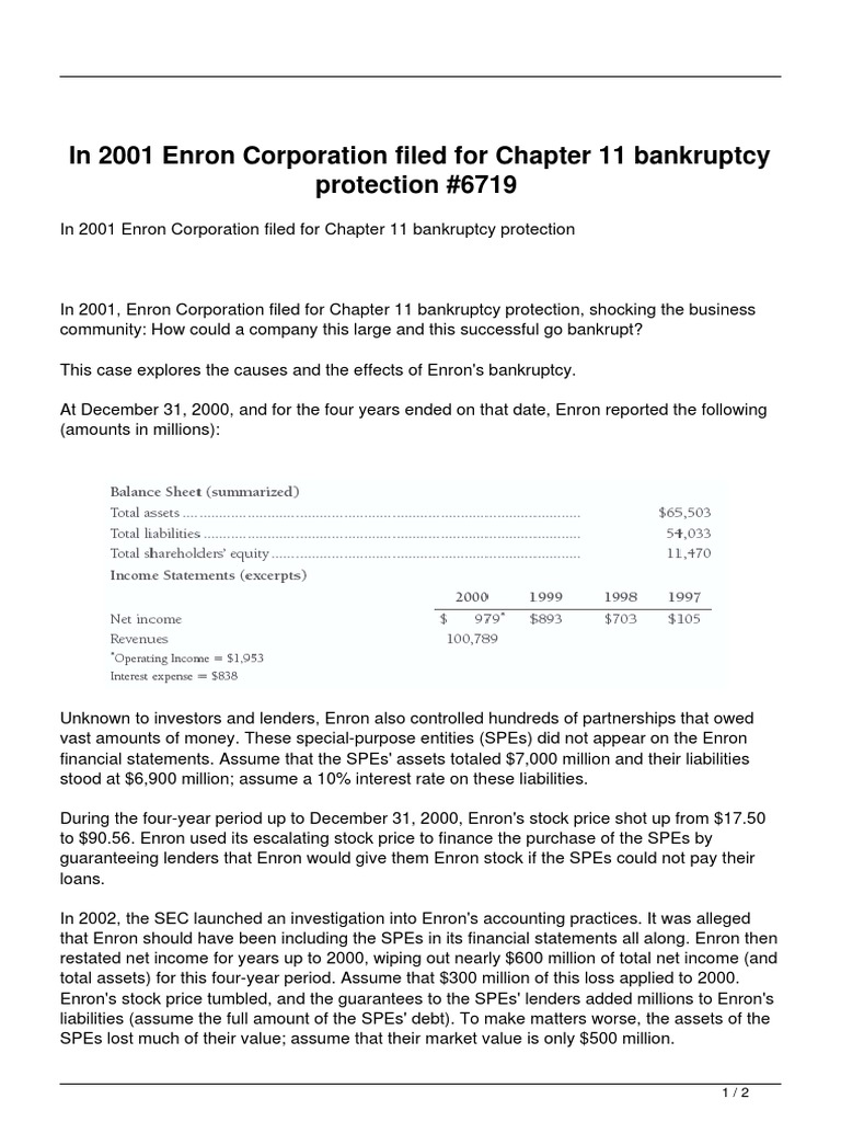 In 2001 Enron Corporation Filed For Chapter 11 Bankruptcy Protection ...