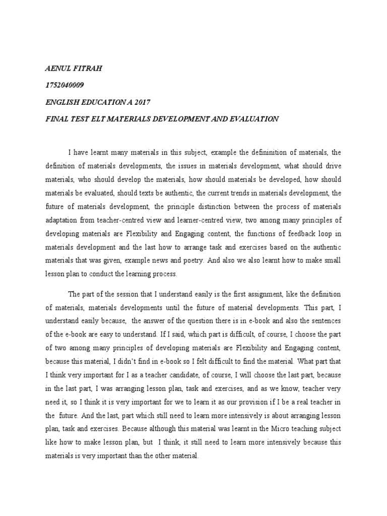 Final Test Elt Materials - Aenul Fitrah | PDF | Lesson Plan | Learning