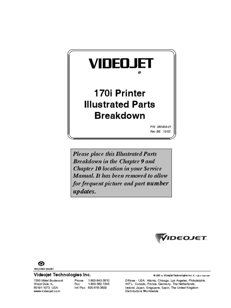 VideoJet Excel 170i Illustrated Parts Breakdown PDF Pipe (Fluid