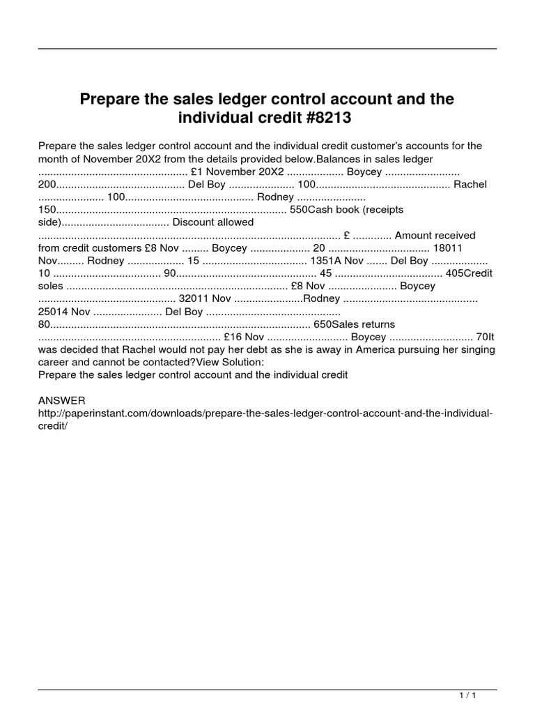 Prepare The Sales Ledger Control Account and The Individual Credit ...