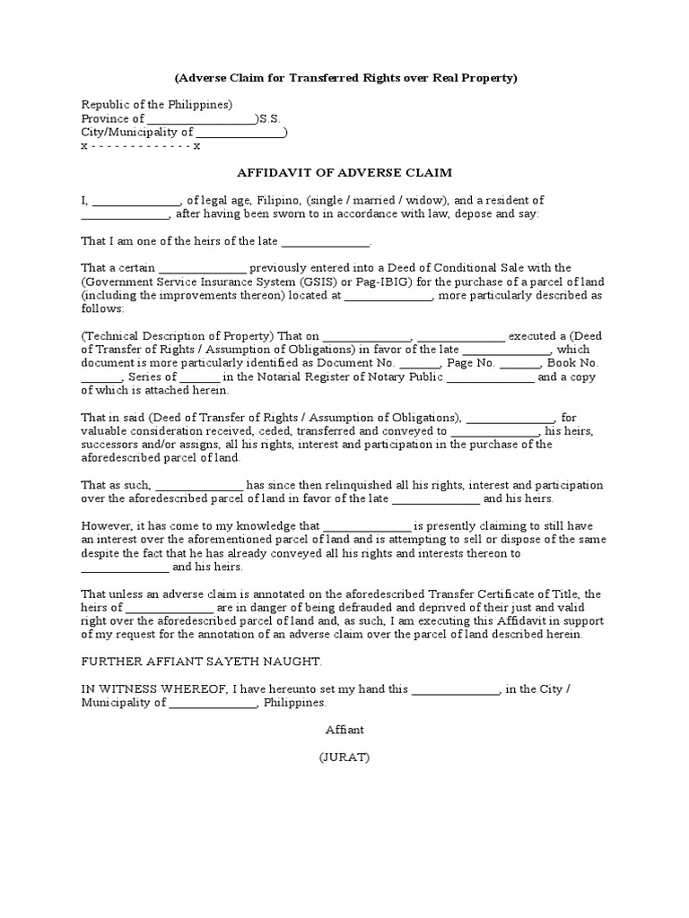 Affidavit of Adverse Claim on Property | PDF | Affidavit | Deed