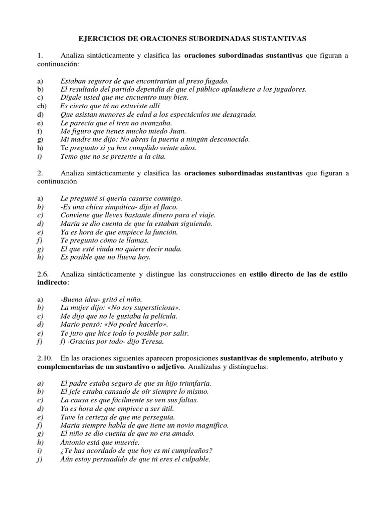 Ejercicios De Oraciones Subordinadas Sustantivas PDF