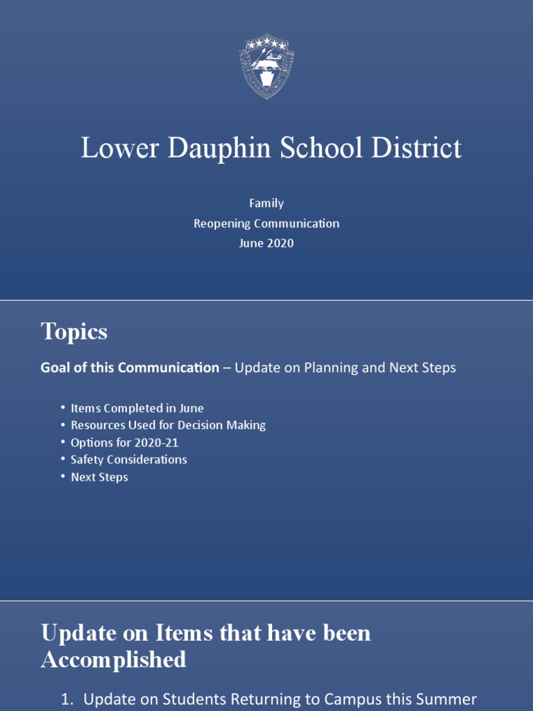 Lower Dauphin School District Family Reopening Communication June 2020