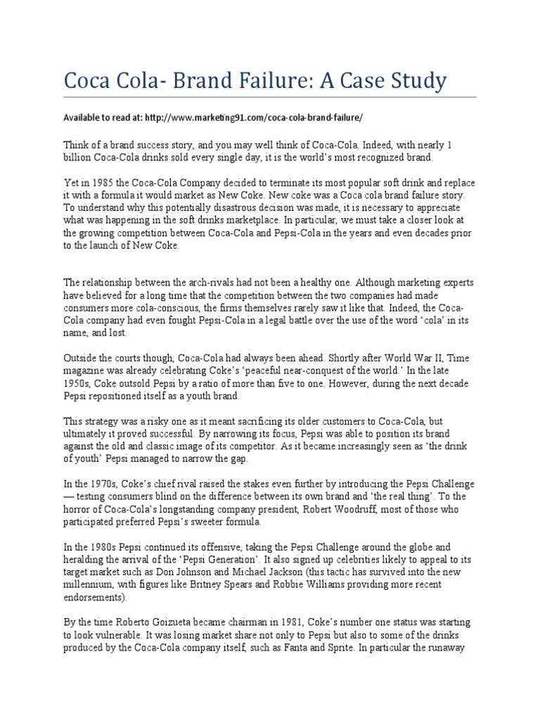 Coca Cola Brand Failure Case Study Pdf Pepsi Coca Cola
