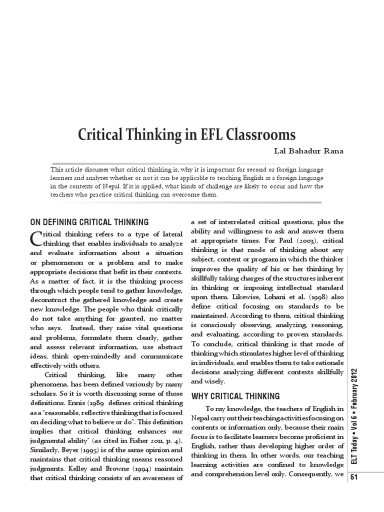 Critical Thinking in EFL Education | PDF | English As A Second Or ...