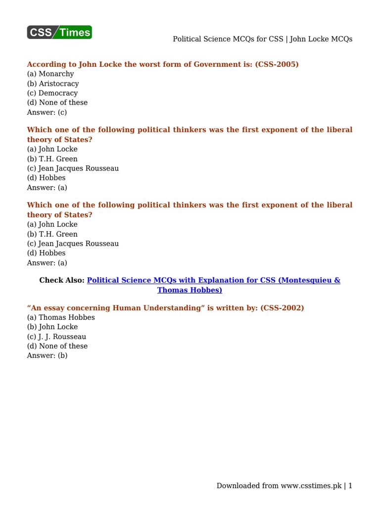 Political Science MCQs For CSS - John Locke MCQs | PDF | John Locke ...