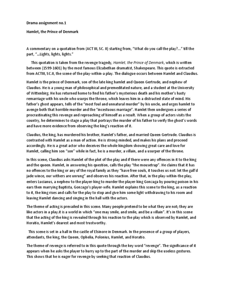 Drama Assignment No.1 Hamlet, The Prince of Denmark | PDF | Hamlet