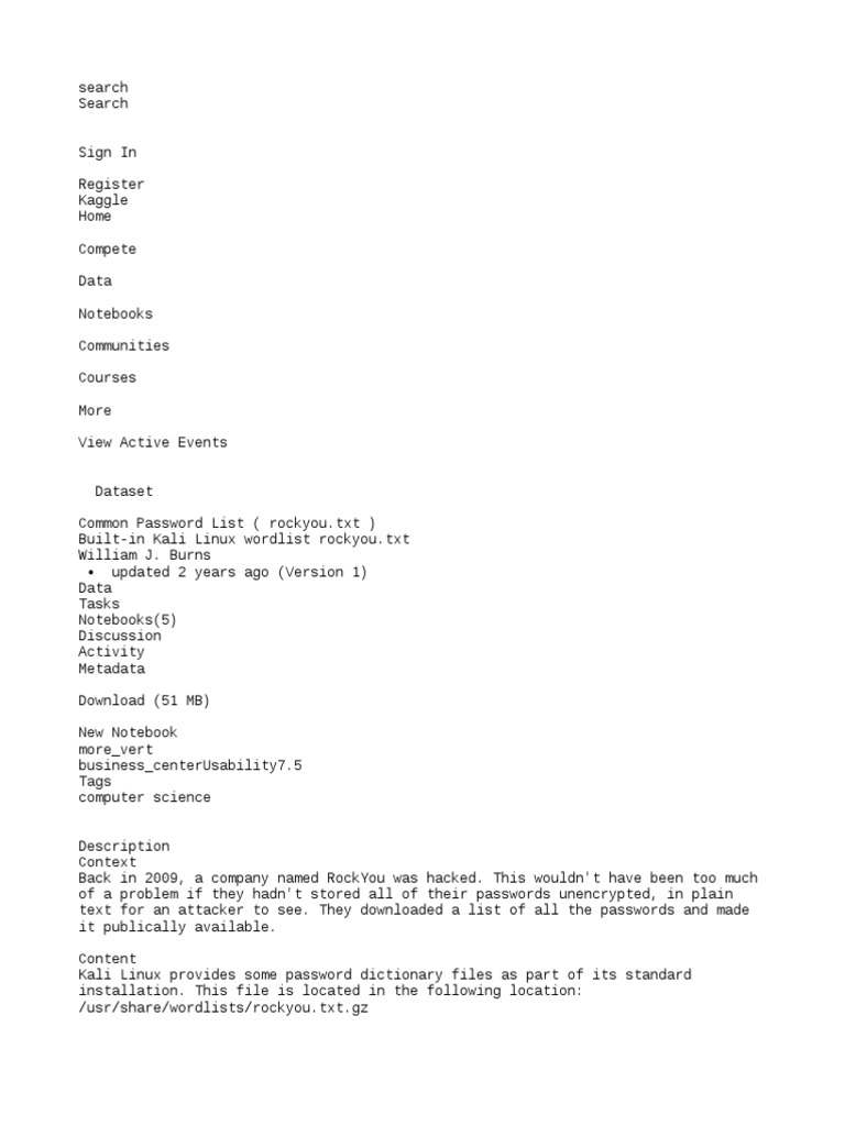 Common Password List (rockyou.txt) Dataset Title PDF Computing And