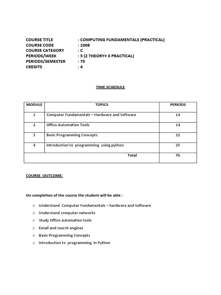 Course Title: Computing Fundamentals (Practical) Course Code: 1008 ...