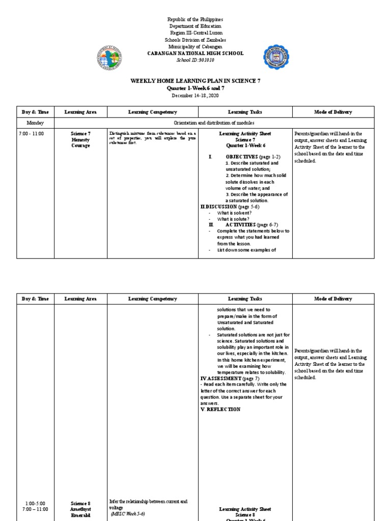 Weekly Home Learning Plan in Science 7 Quarter 1-Week 6 and 7 | PDF ...