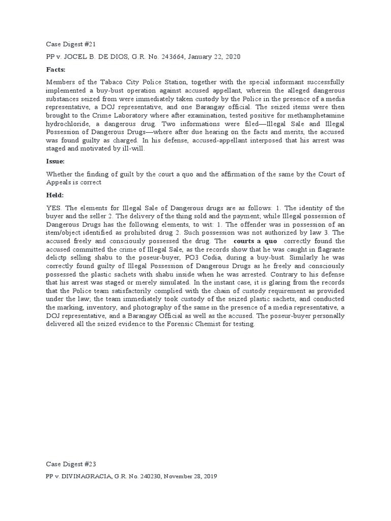 Drug Case Digest: Key Legal Findings | PDF | Arrest | Police