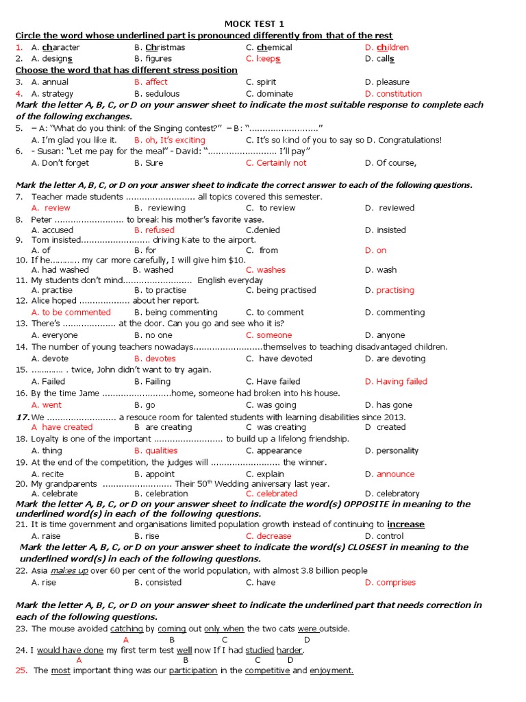 Mark The Letter A, B, C, or D On Your Answer Sheet To Indicate The ...