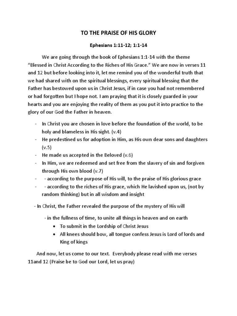 To The Praise of His Glory | PDF | Glory (Religion) | Grace In Christianity