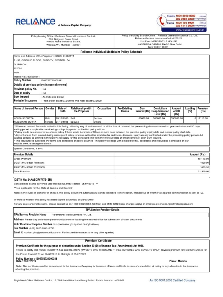 Mediclaim Receipt 2019 PDF PDF Insurance Payments