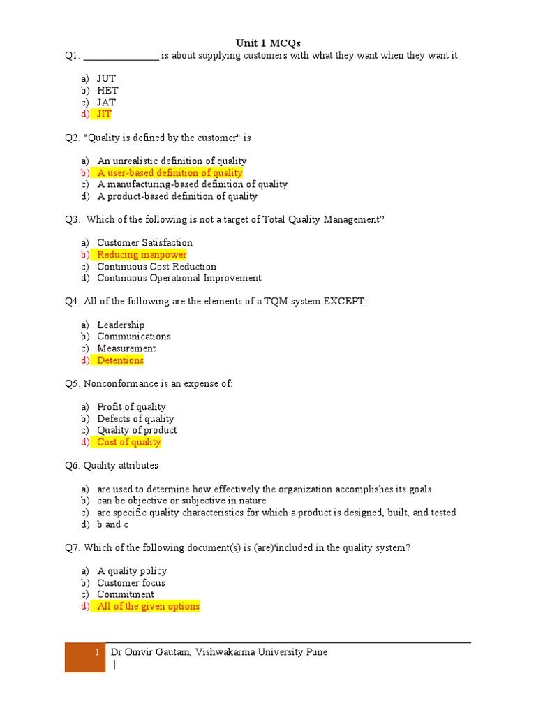 TQM MCQs PDF Six Sigma Quality Management