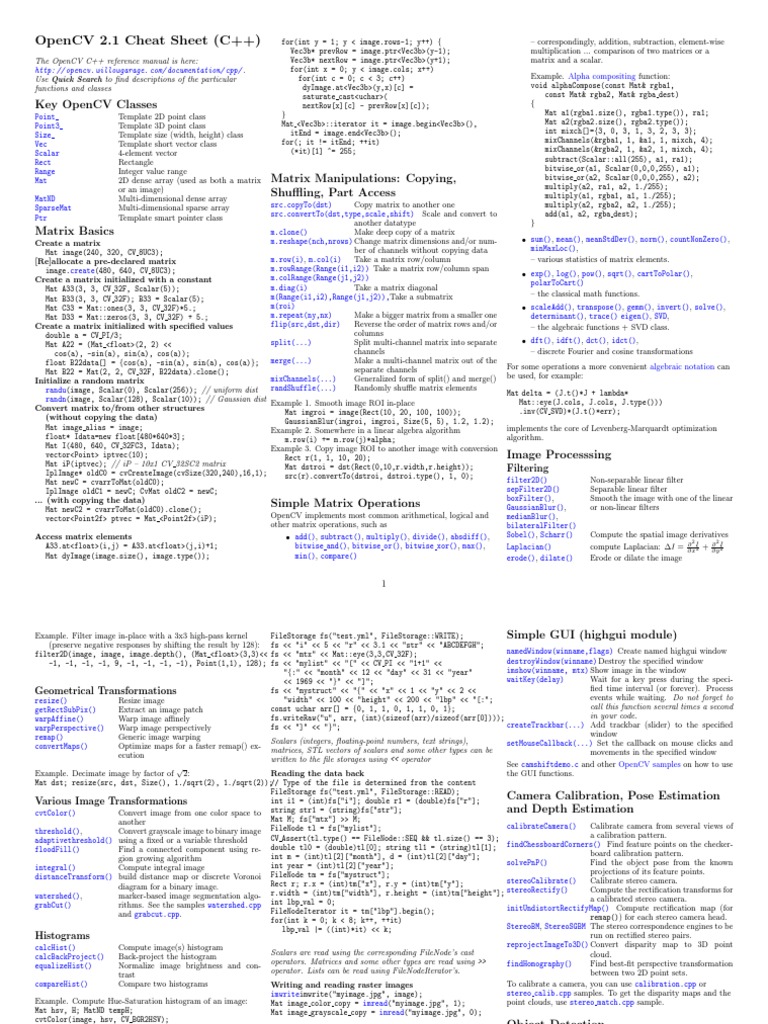 OpenCV Cheat Sheet | PDF | Matrix (Mathematics) | Areas Of Computer Science