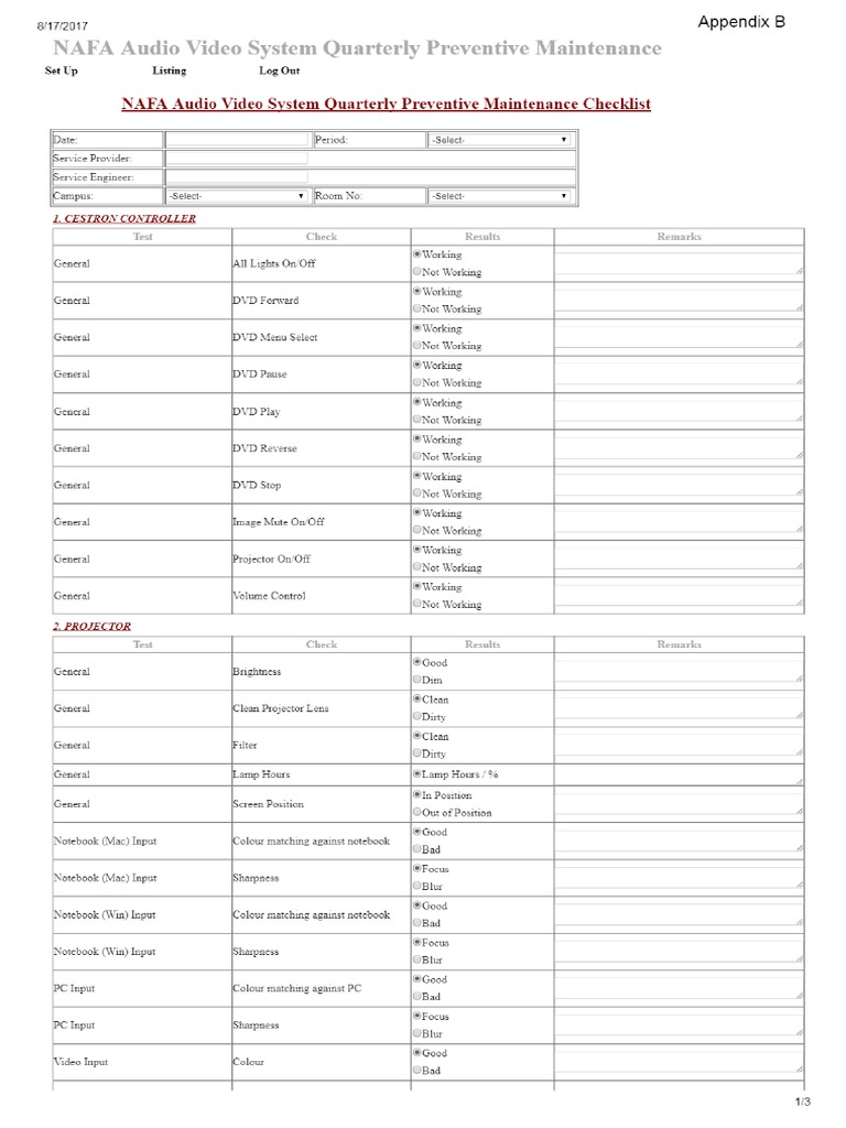 NAFA Audio Video System Quarterly Preventive Maintenance - Manualzz | PDF
