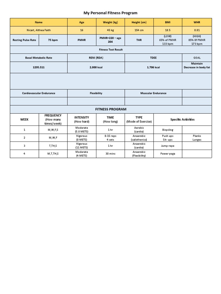 My Personal Fitness Program | PDF | Aerobic Exercise | Management Of ...