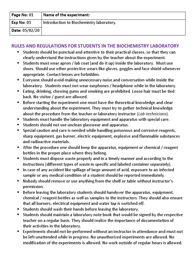 Regulations & Safety Measures in A Biochemistry Laboratory PDF Laboratories Burn
