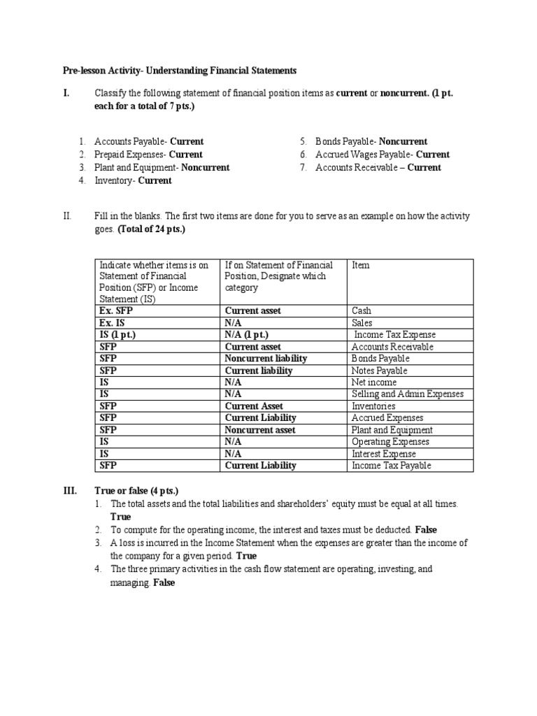 Financial Statements Pre-Lesson Activity | PDF | Financial Economics ...