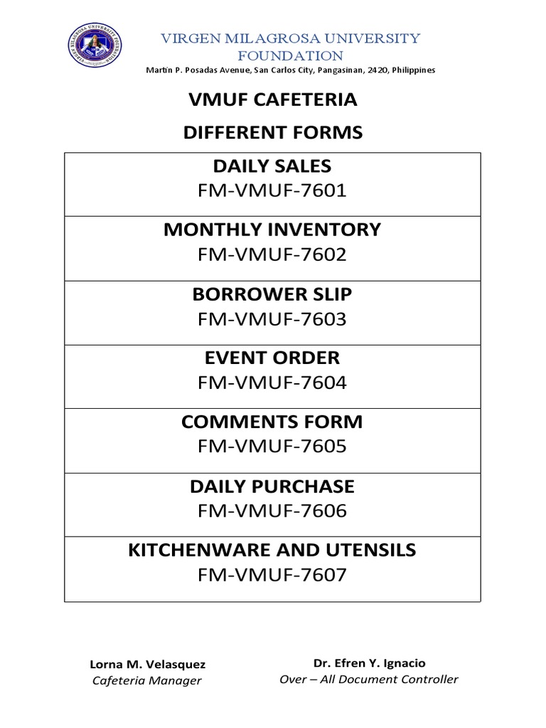 Vmuf Cafeteria Different Forms Daily Sales PDF