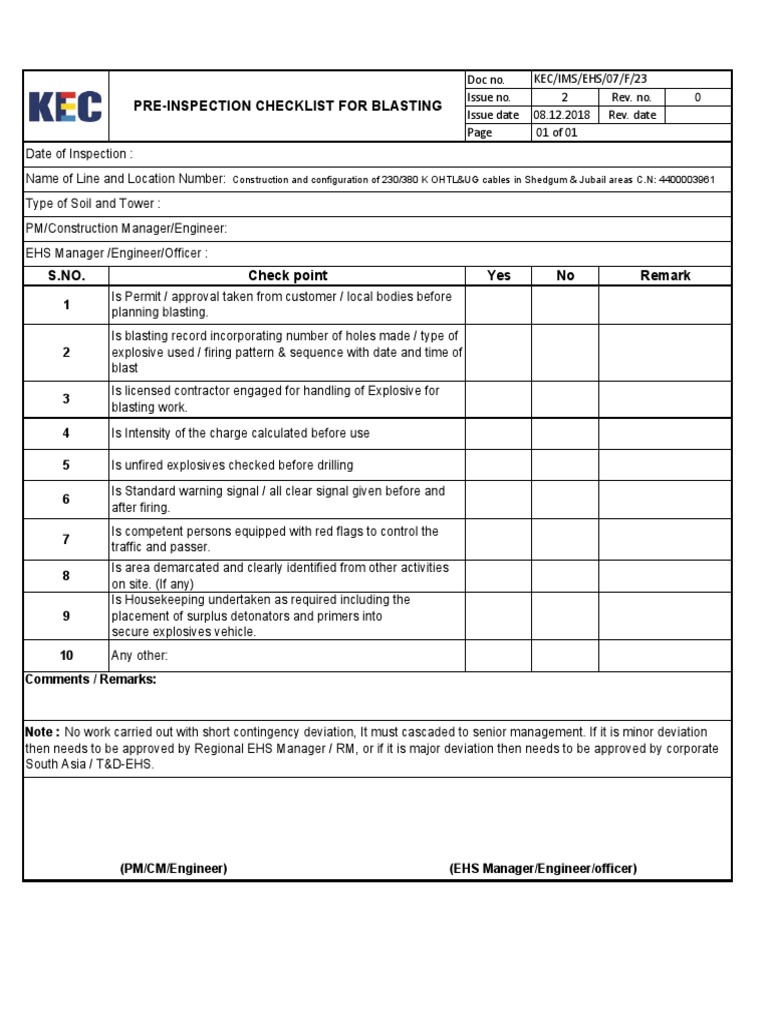 PreInspection Checklist For Blasting PDF