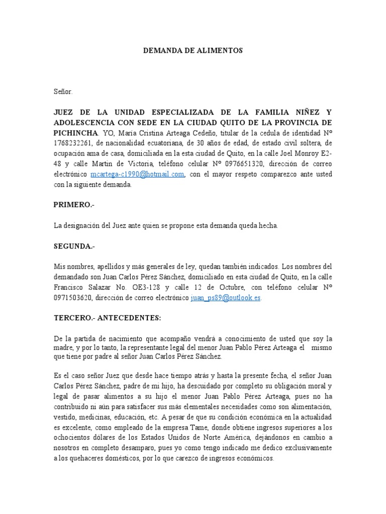 DEMANDA DE ALIMENTOS Oscar Yandún PDF Ecuador Pensión alimenticia