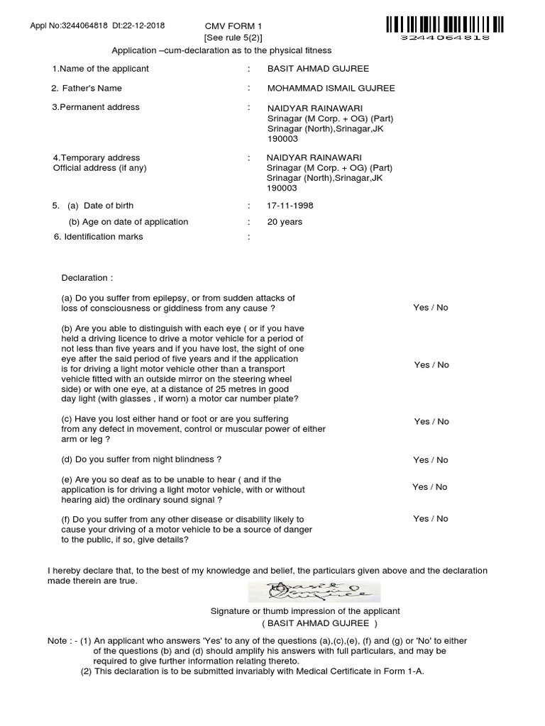 Driver Fitness Declaration Form | PDF