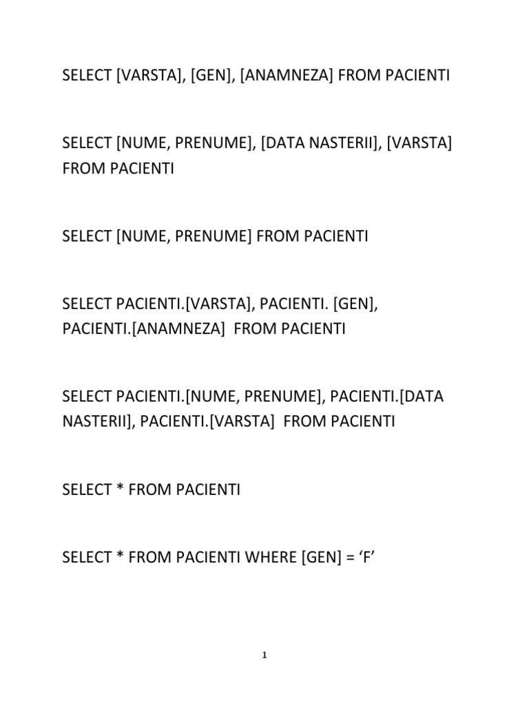 Comenzi SQL Pentru Tabela PACIENTI | PDF