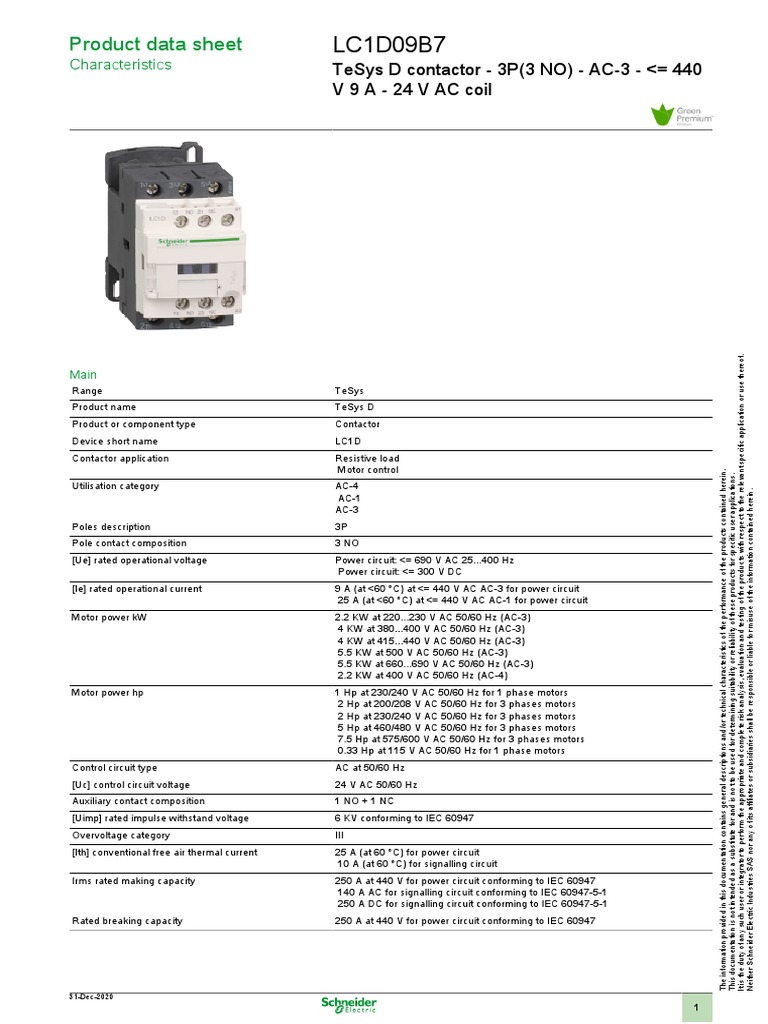 LC1D09B7 Contactor Datasheet | PDF | Alternating Current | Physical ...