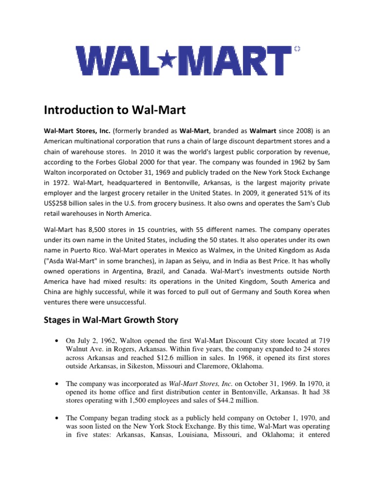Introduction To Wal To WalMart Stages in WalMart Growth Story Mart Growth Story PDF